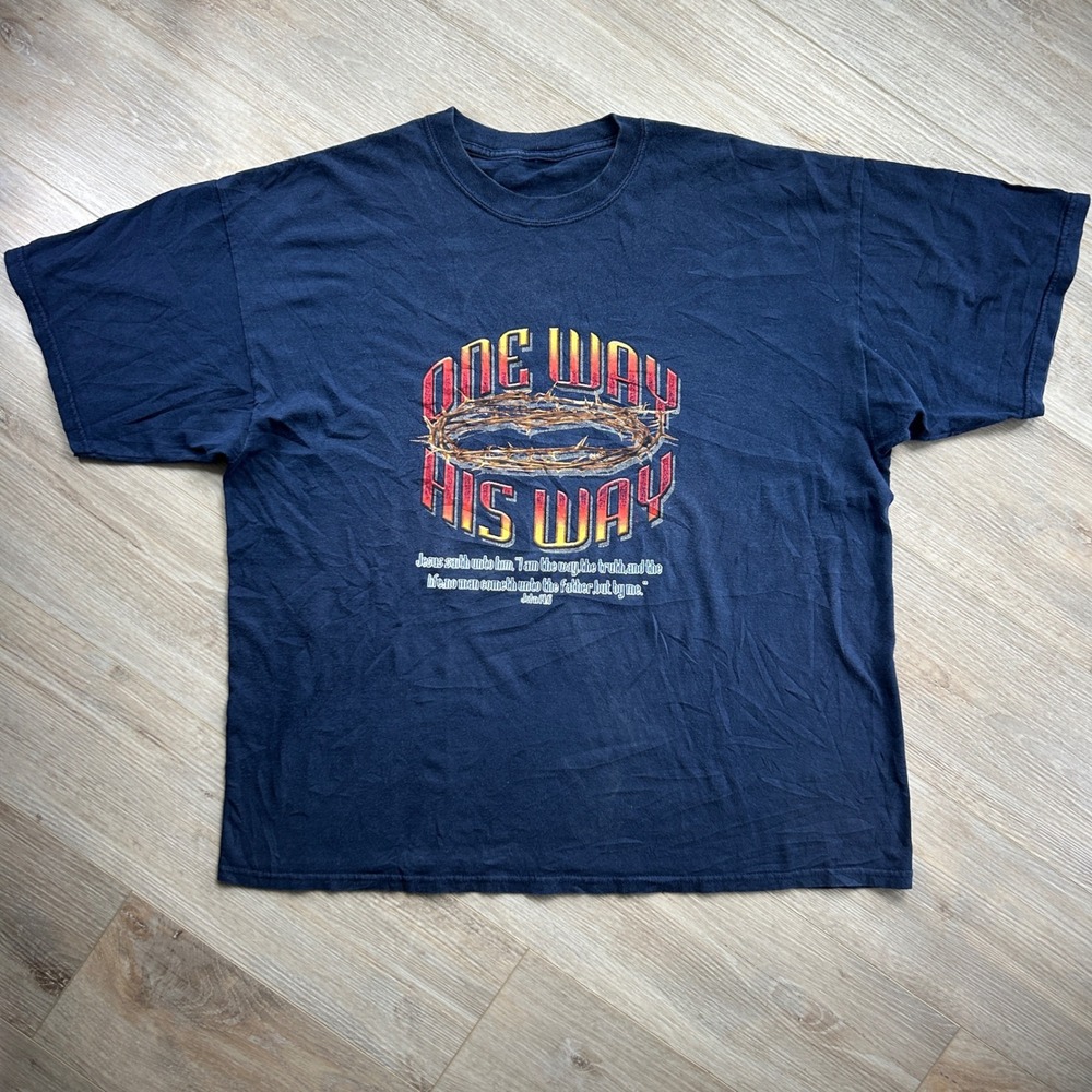 Jesus Tee Faded Men's XXL One Way His Way Navy Blue Bible John 14:6‎